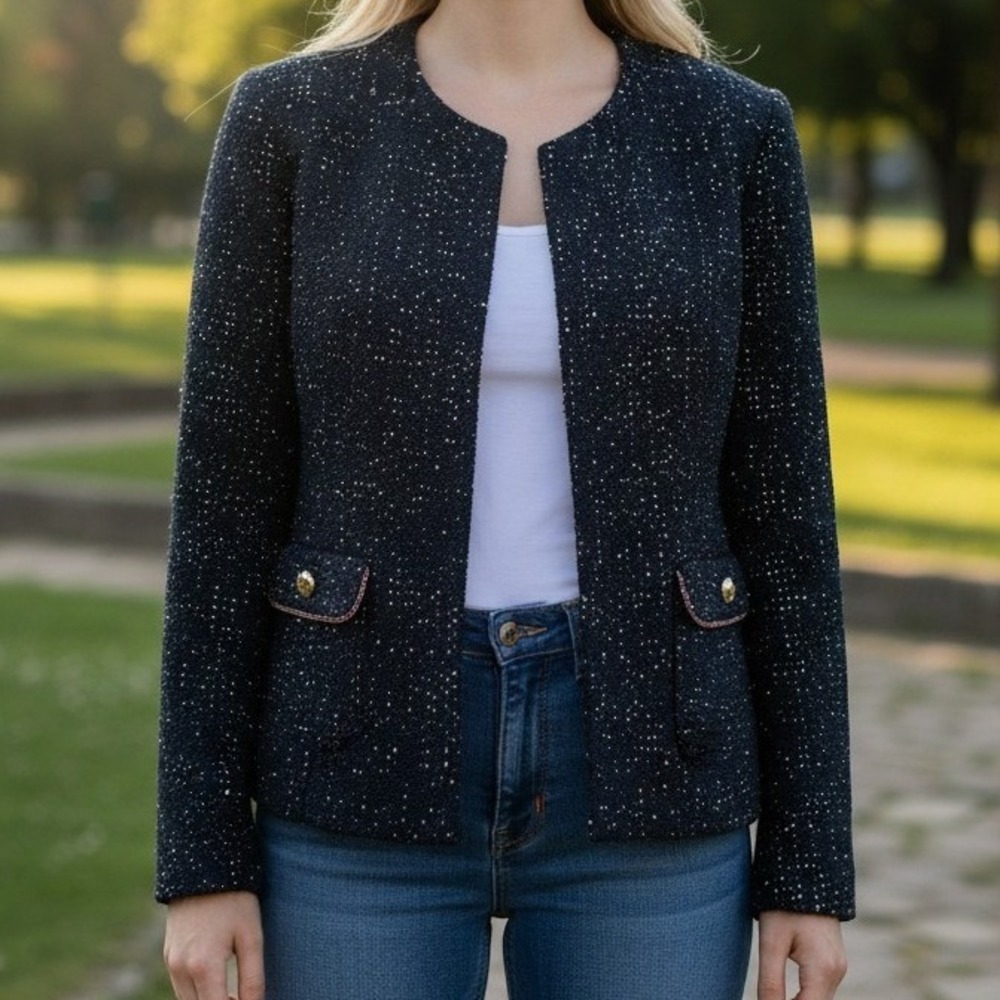 Anne Klein Blazer Jacket Size M Black Silver Sequin Tweed Excellent Open Front